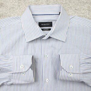 Bugatchi Uomo Shirt Mens 17, 34/35 Blue/Tan Striped Comfort Stretch Long Sleeve